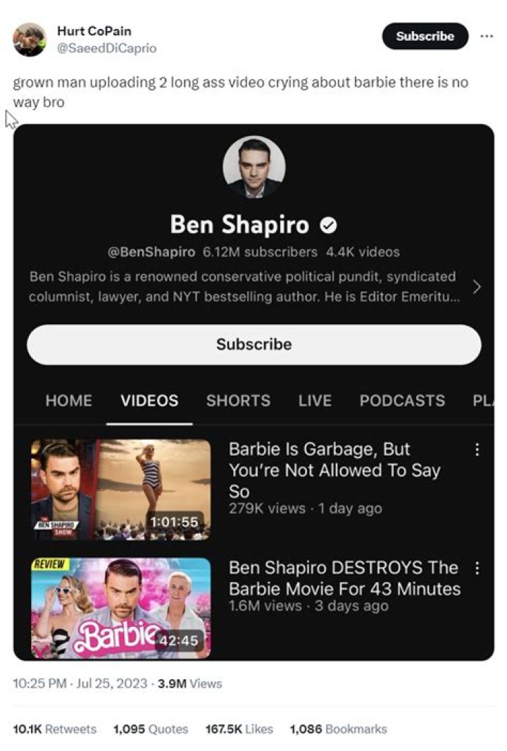 Ben Shapiro making an hour-long video trashing ‘Barbie’ gets exactly the reaction you’d expect